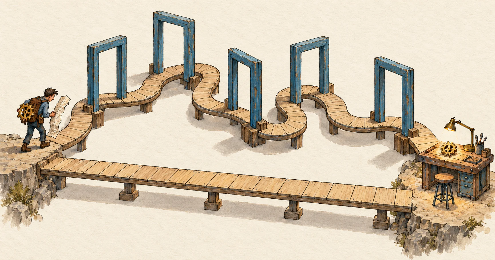 A developer faces a winding route through five empty doorframes, while a short path leads directly to the same workbench.