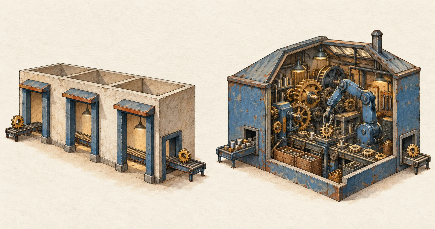 Empty entrance facades pass a gear through unchanged, beside a workshop that hides useful machinery behind a small input hatch.