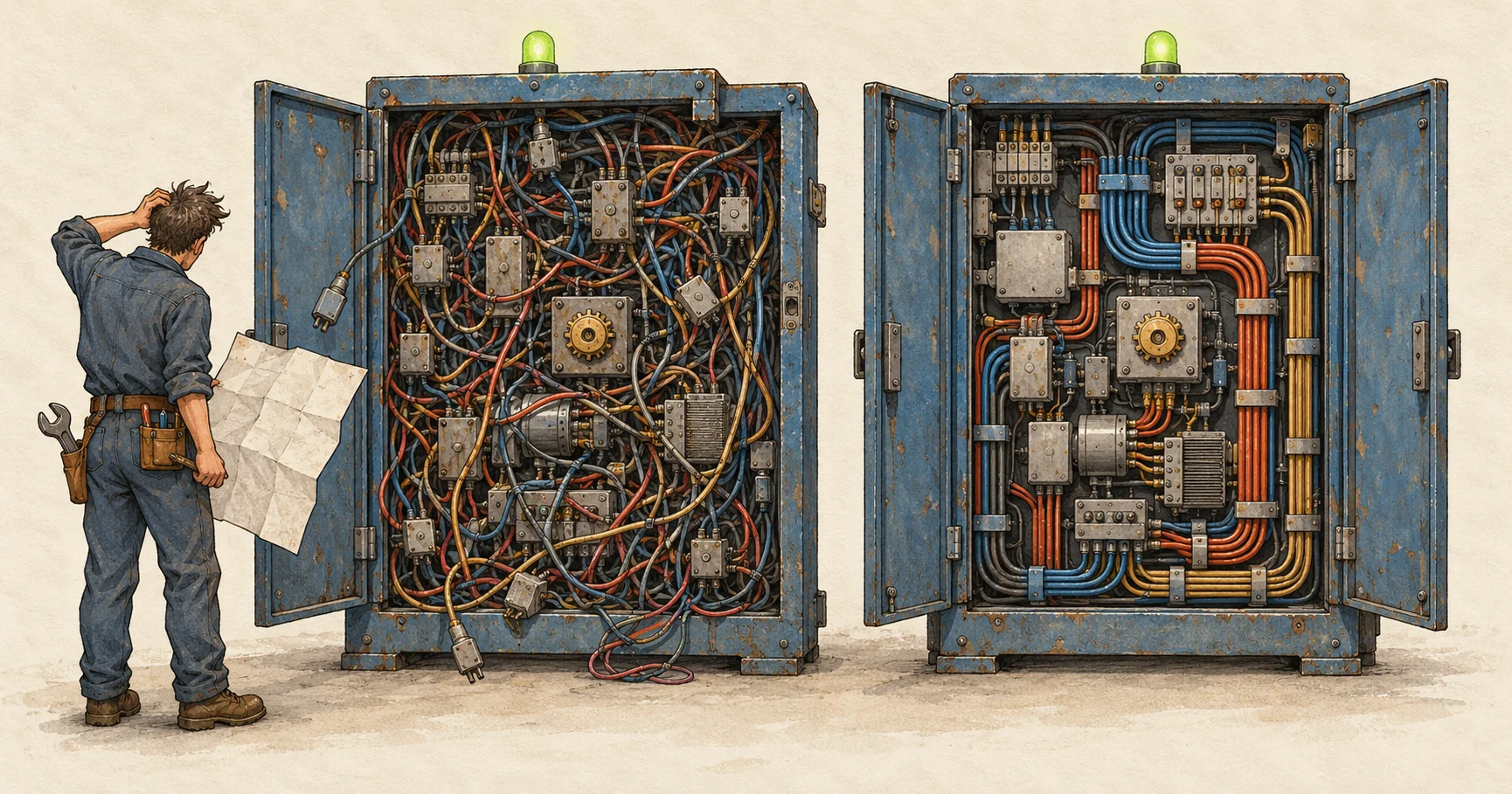 Two working control cabinets have green lights. One has tangled wiring and hard-to-reach components; the other keeps its wiring organized and components accessible.