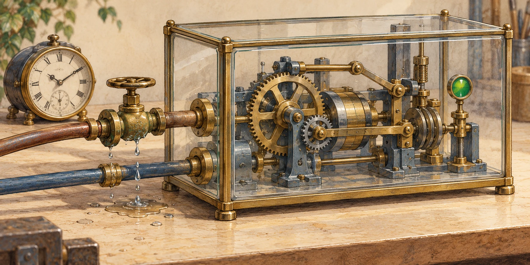 An inspected mechanism sits inside a clear enclosure while its input pipes and an unreliable external valve remain outside.