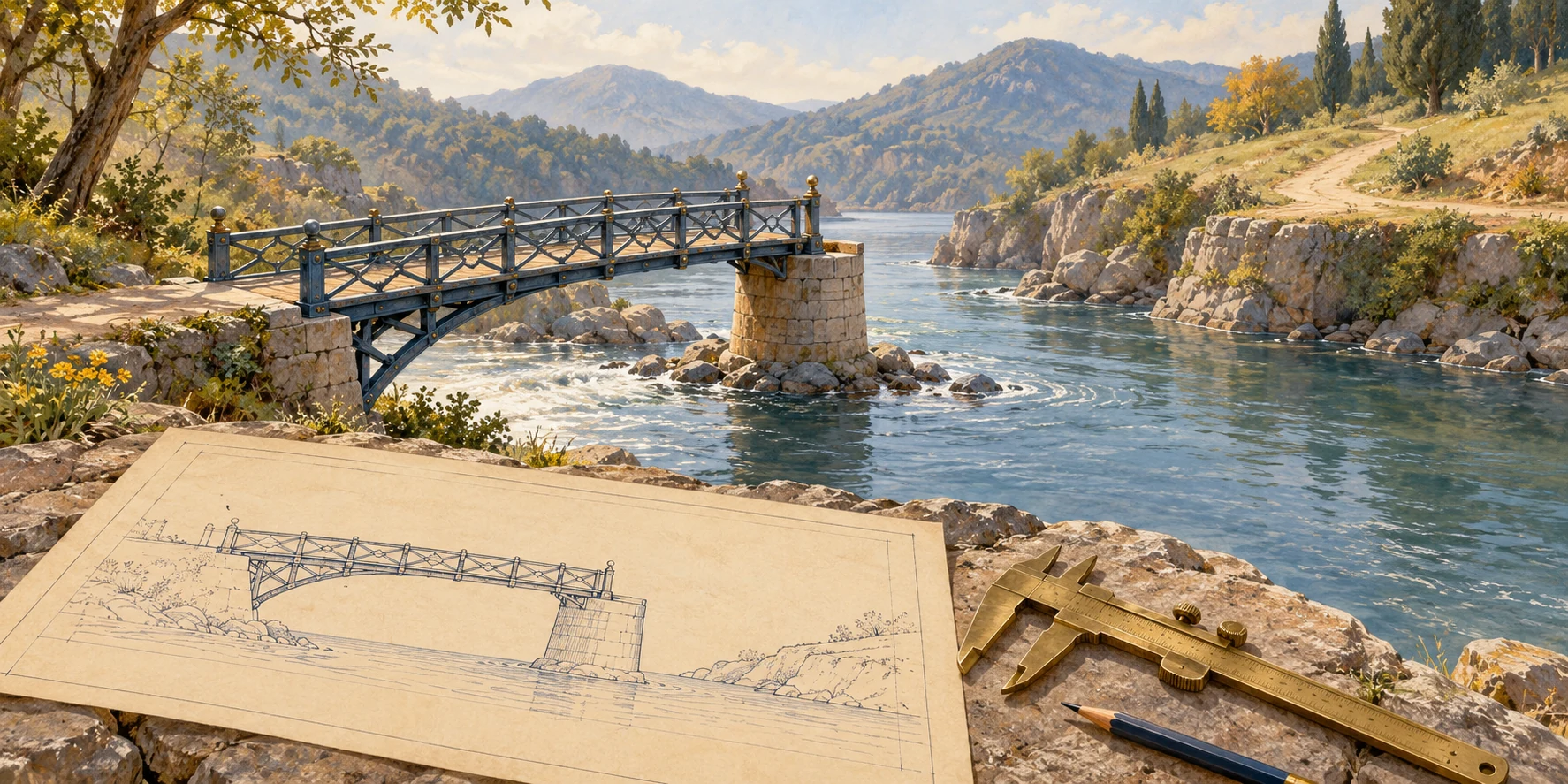 A meticulously built bridge matches its blueprint but ends on an isolated platform before reaching the opposite bank.