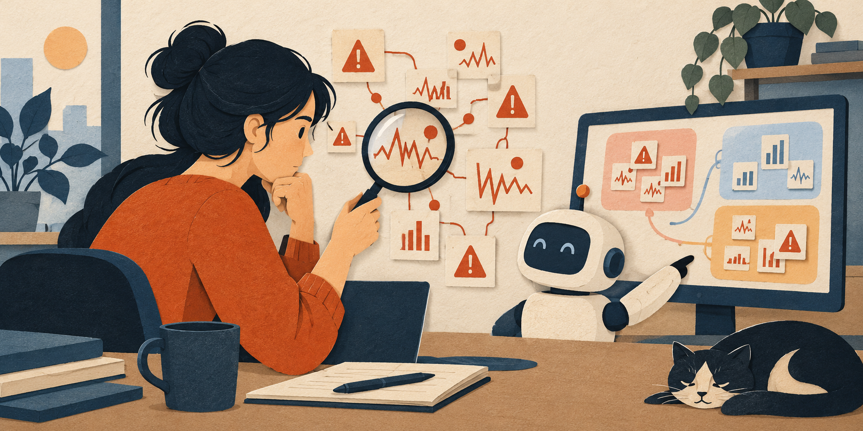 A QA engineer examines failure signals while an AI assistant groups them on a screen.