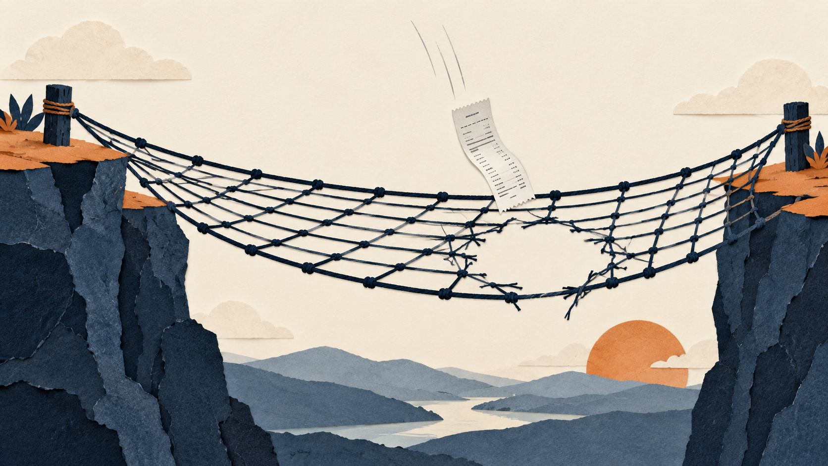 A receipt falls toward a hole in a safety net stretched across a gap.